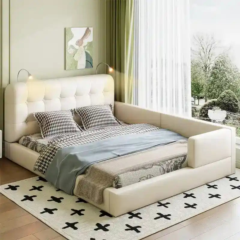 Upholstered Bed Frame (with 2 Reading Lights) — PU Leather Platform Bed for the Bedroom, featuring a Button-Tufted Headboard