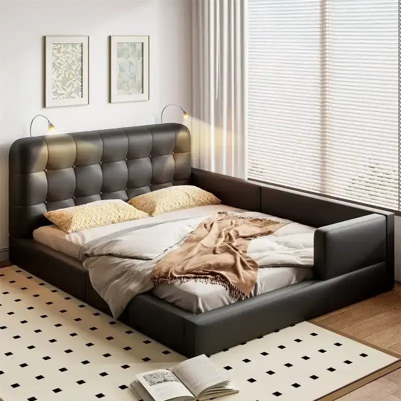 Upholstered Bed Frame (with 2 Reading Lights) — PU Leather Platform Bed for the Bedroom, featuring a Button-Tufted Headboard