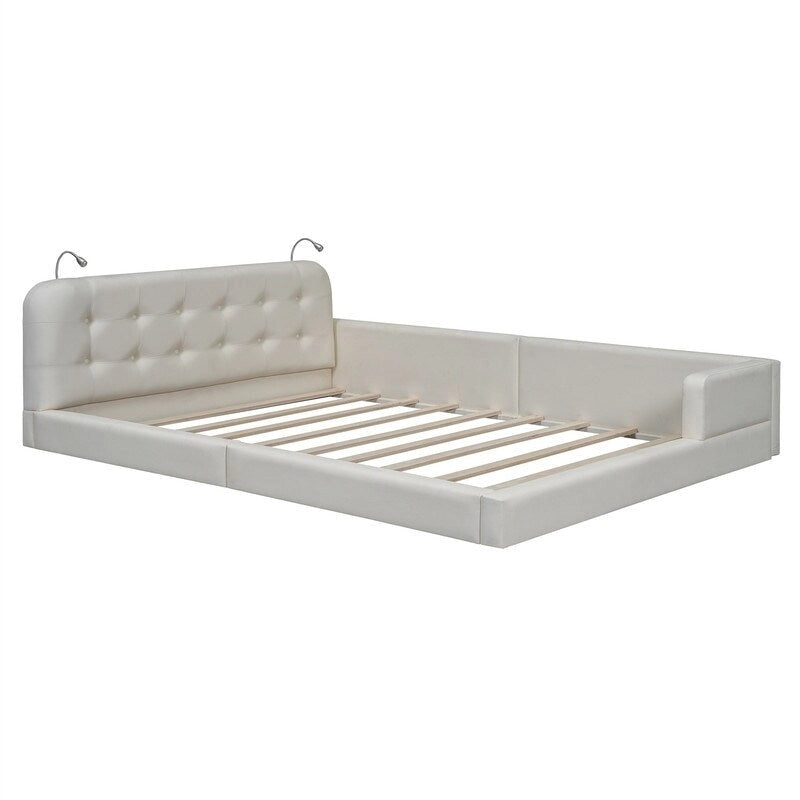 Upholstered Bed Frame (with 2 Reading Lights) — PU Leather Platform Bed for the Bedroom, featuring a Button-Tufted Headboard