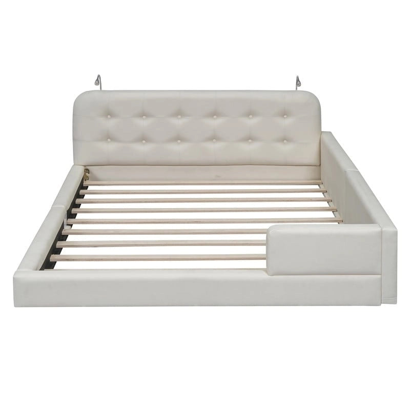 Upholstered Bed Frame (with 2 Reading Lights) — PU Leather Platform Bed for the Bedroom, featuring a Button-Tufted Headboard