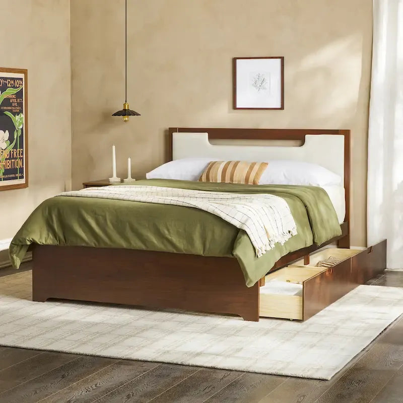 Mid-Century Modern Solid Wood Storage Platform Bed