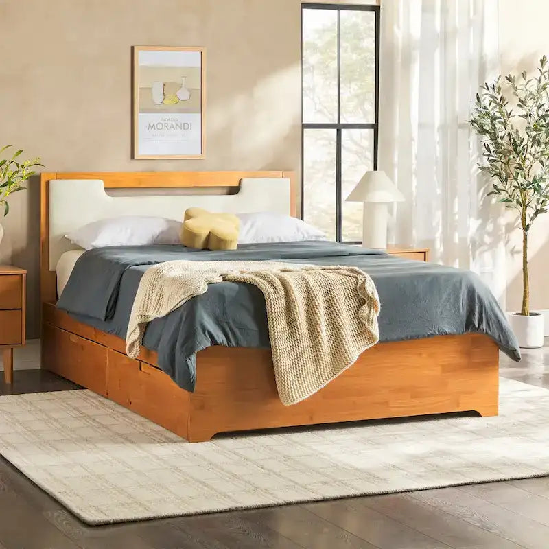 Mid-Century Modern Solid Wood Storage Platform Bed