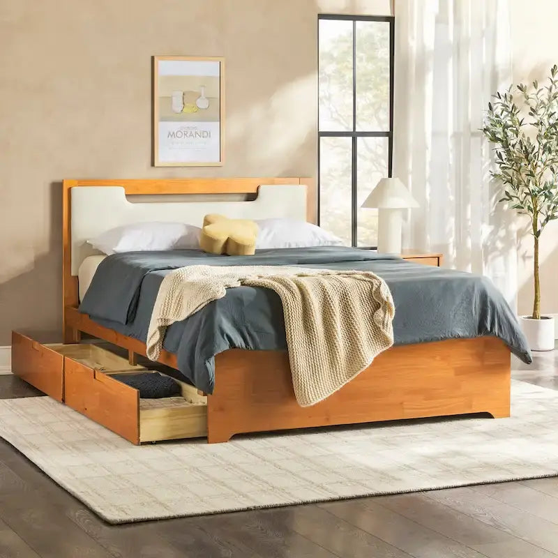 Mid-Century Modern Solid Wood Storage Platform Bed