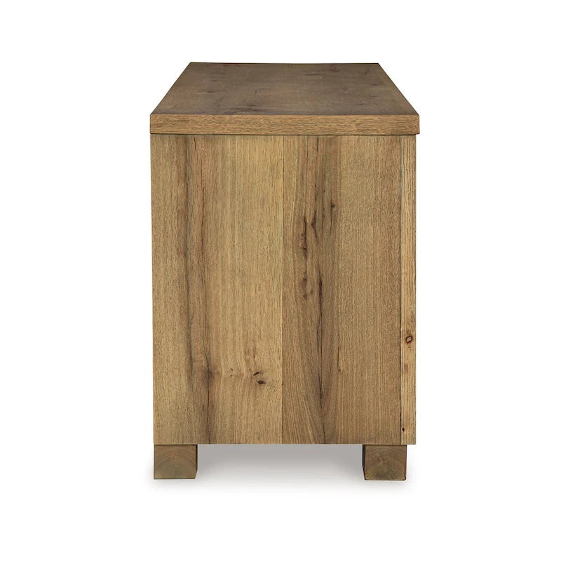 Meuble TV spacieux — Deux tiroirs, quatre étagères, grain de bois marron, 80 pouces
