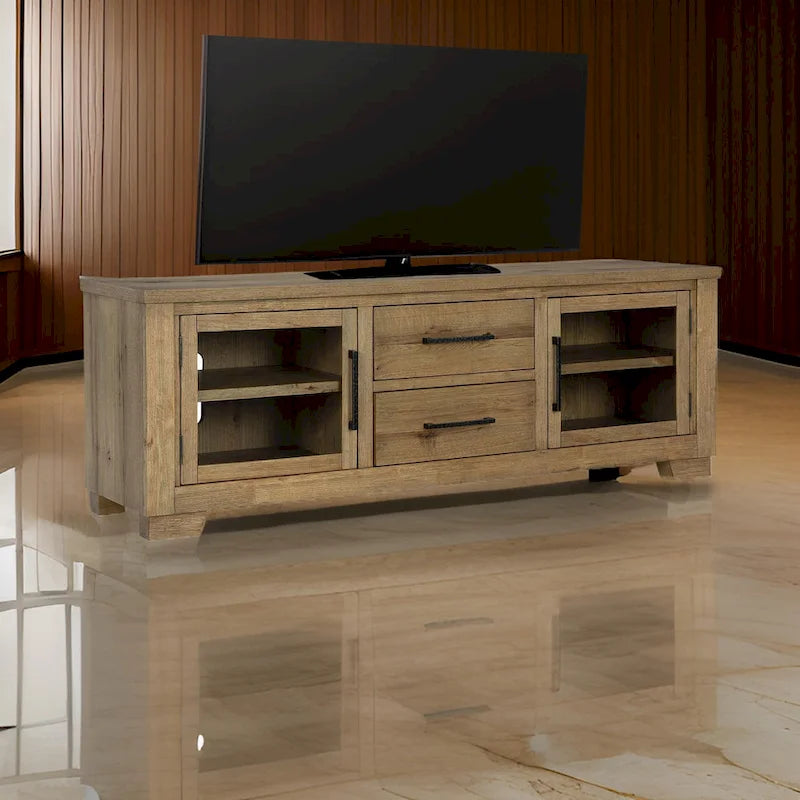Meuble TV spacieux — Deux tiroirs, quatre étagères, grain de bois marron, 80 pouces