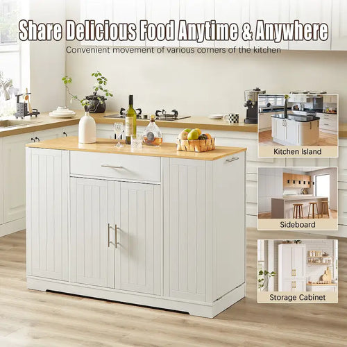 Grand îlot de cuisine de 53 pouces avec armoire de rangement pour poubelle (tabouret non inclus)