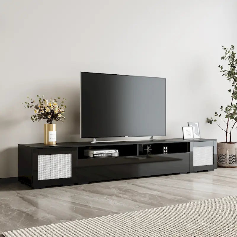 Meuble TV noir 82" avec portes à ouverture par pression et LED pour TV jusqu'à 90"