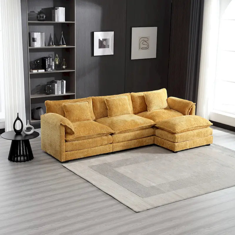 Yellow 112.2 L-Shaped 4-Seat Sectional Sofa in Modern Boucle Fabric with Removable Cushions and Detachable Armrests