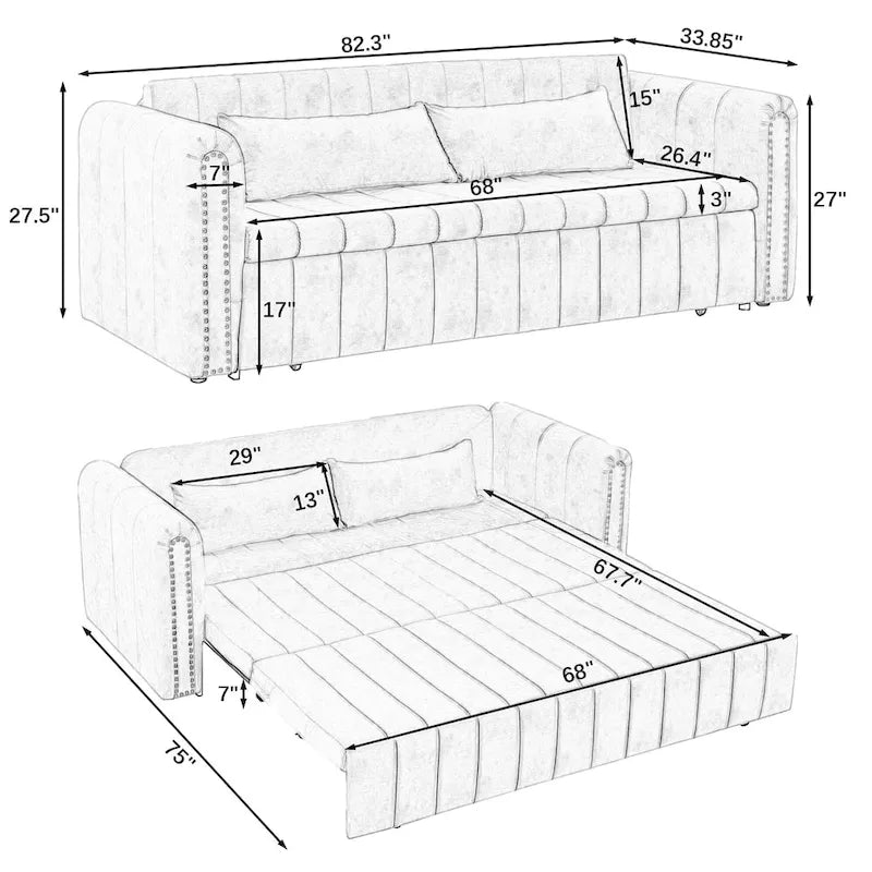 Canapé-lit pliable en mousse 3-en-1 moderne et minimaliste de 68 pouces avec garniture cloutée et deux tiroirs