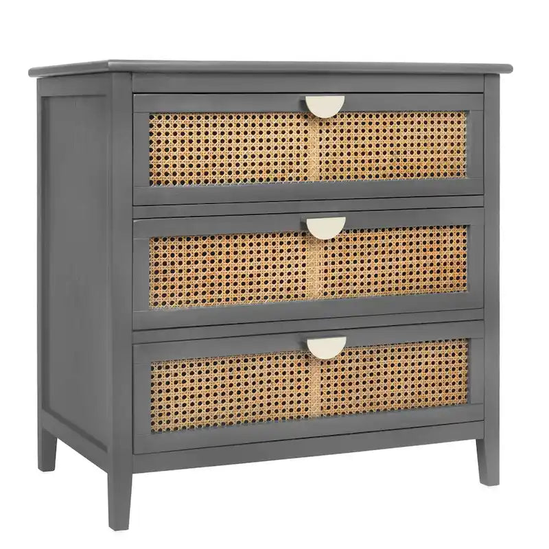 Commode 3 tiroirs avec rotin naturel ajouré, style américain, idéale pour chambre ou salon