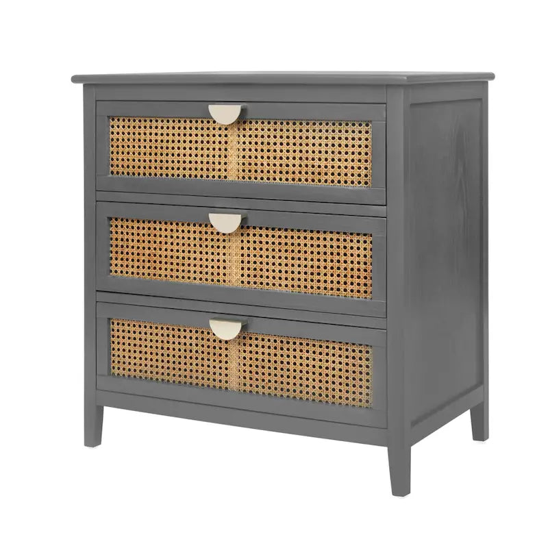 Commode 3 tiroirs avec rotin naturel ajouré, style américain, idéale pour chambre ou salon