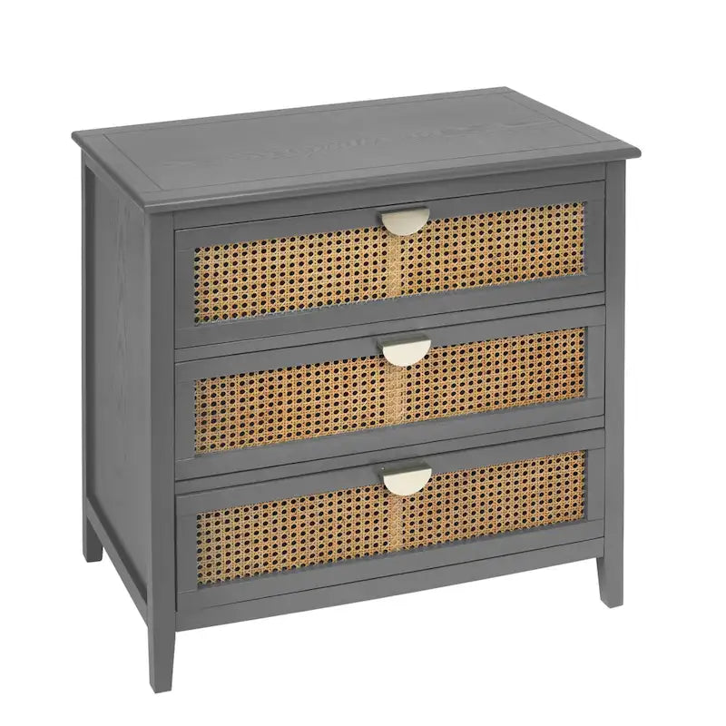 Commode 3 tiroirs avec rotin naturel ajouré, style américain, idéale pour chambre ou salon