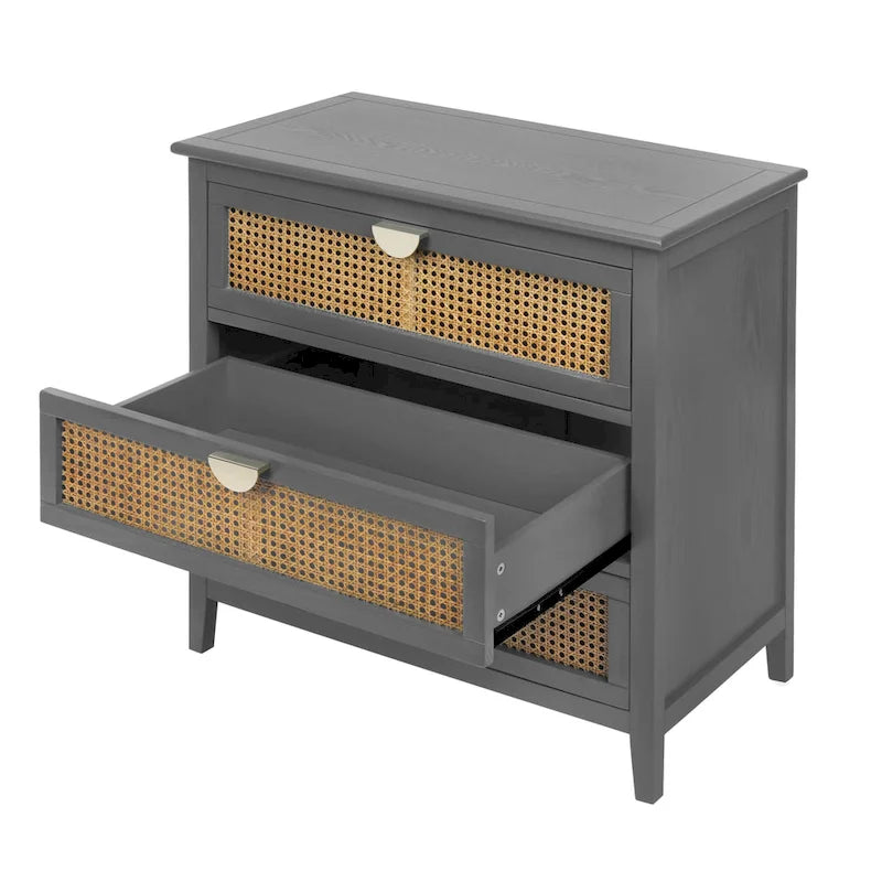 Commode 3 tiroirs avec rotin naturel ajouré, style américain, idéale pour chambre ou salon