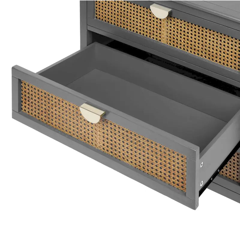 Commode 3 tiroirs avec rotin naturel ajouré, style américain, idéale pour chambre ou salon