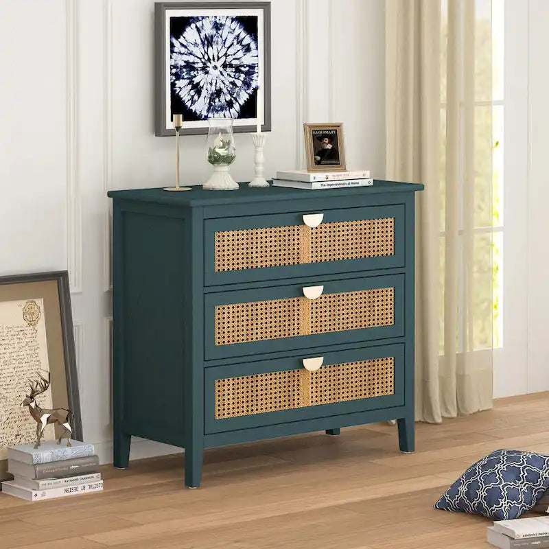 Commode 3 tiroirs avec rotin naturel ajouré, style américain, idéale pour chambre ou salon