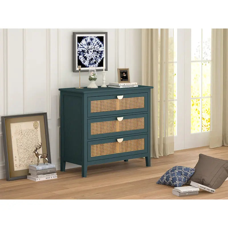 Commode 3 tiroirs avec rotin naturel ajouré, style américain, idéale pour chambre ou salon