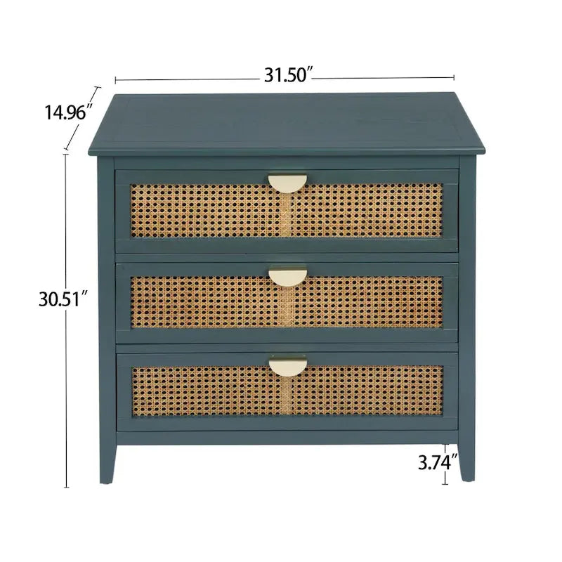 Commode 3 tiroirs avec rotin naturel ajouré, style américain, idéale pour chambre ou salon