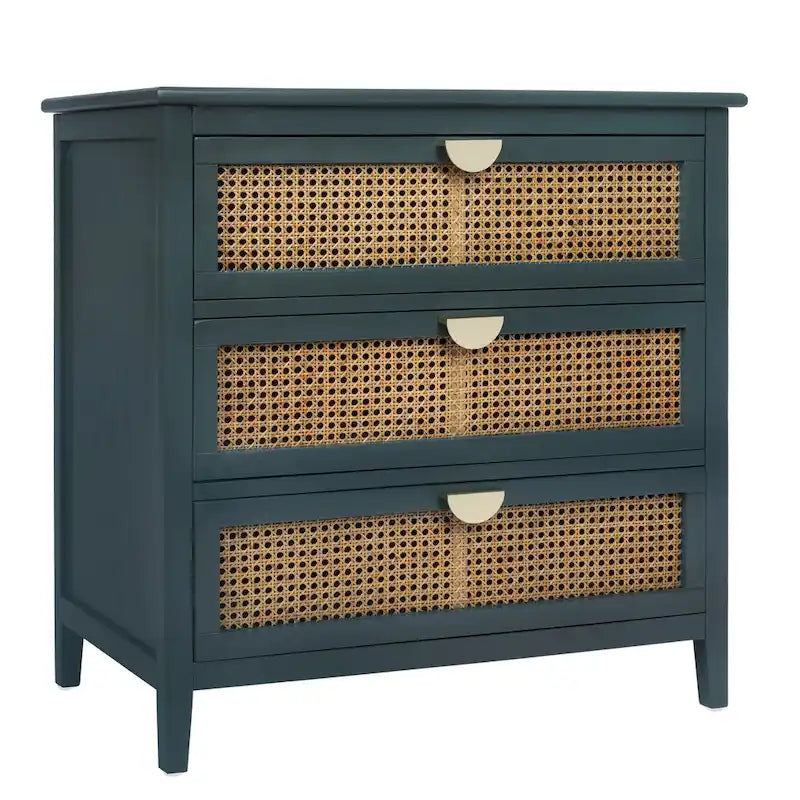 Commode 3 tiroirs avec rotin naturel ajouré, style américain, idéale pour chambre ou salon