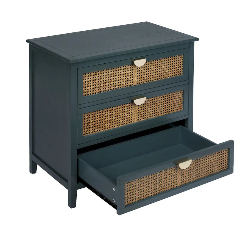 Commode 3 tiroirs avec rotin naturel ajouré, style américain, idéale pour chambre ou salon