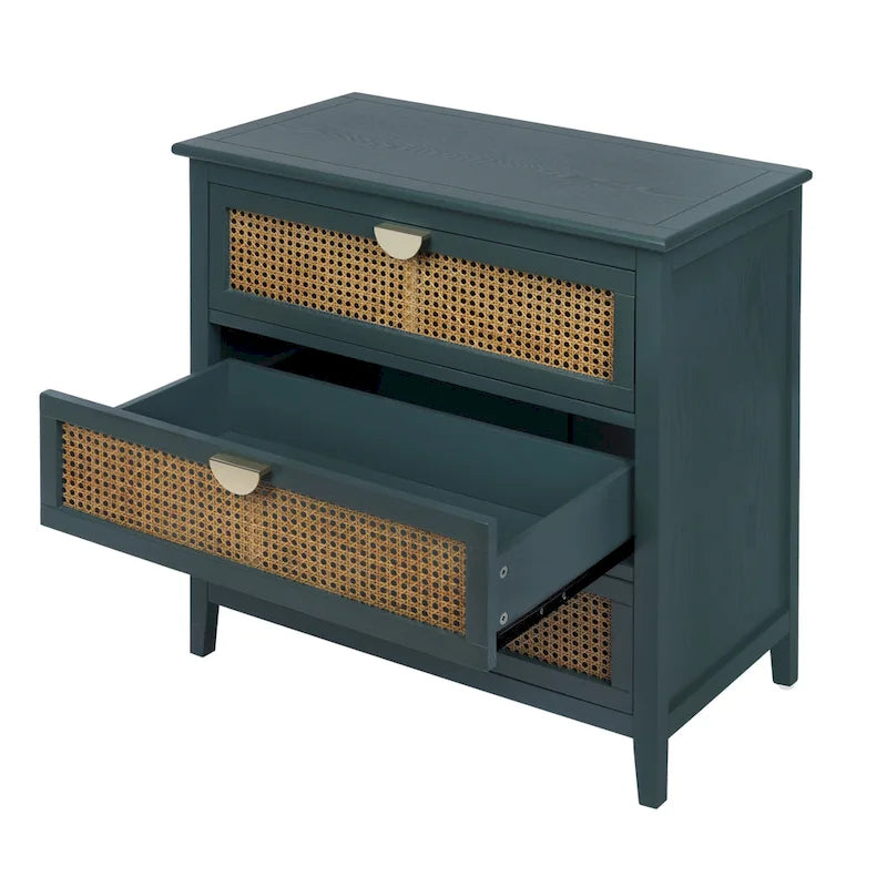 Commode 3 tiroirs avec rotin naturel ajouré, style américain, idéale pour chambre ou salon