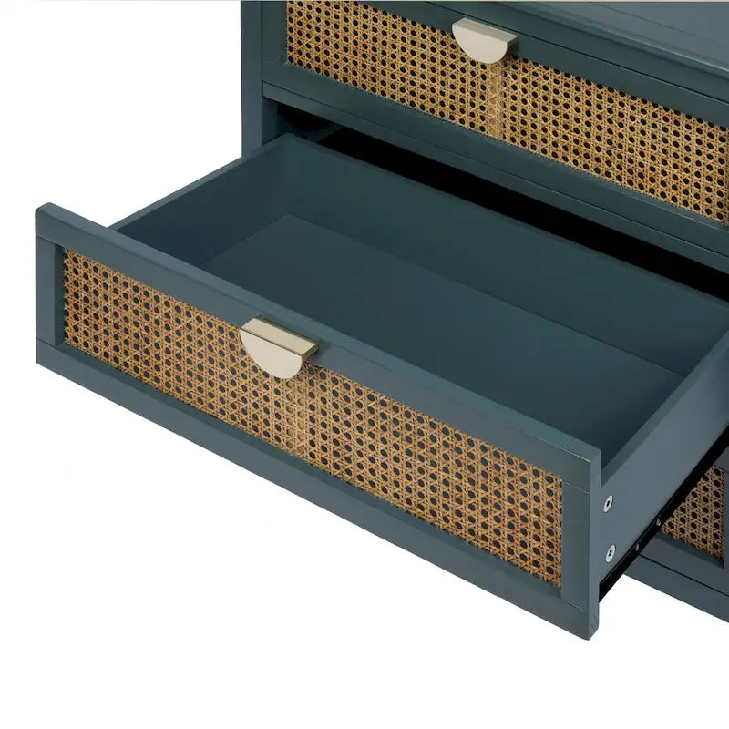 Commode 3 tiroirs avec rotin naturel ajouré, style américain, idéale pour chambre ou salon