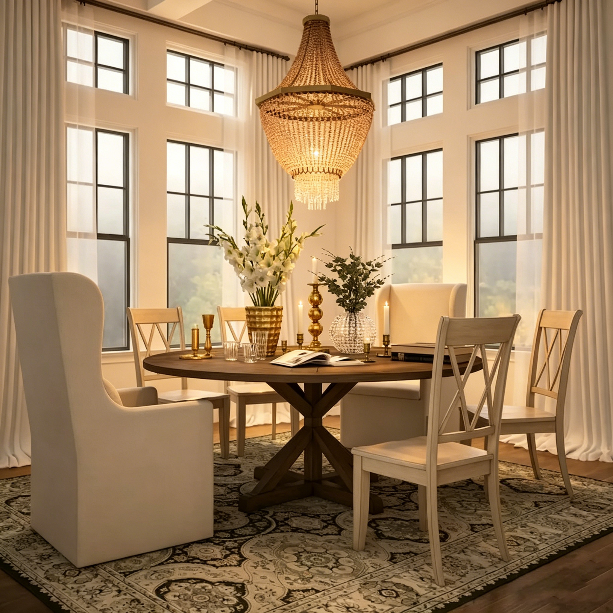 Ensemble de salle à manger rond de style rustique vieilli avec table à piètement en X — Chaises à double dossier en X