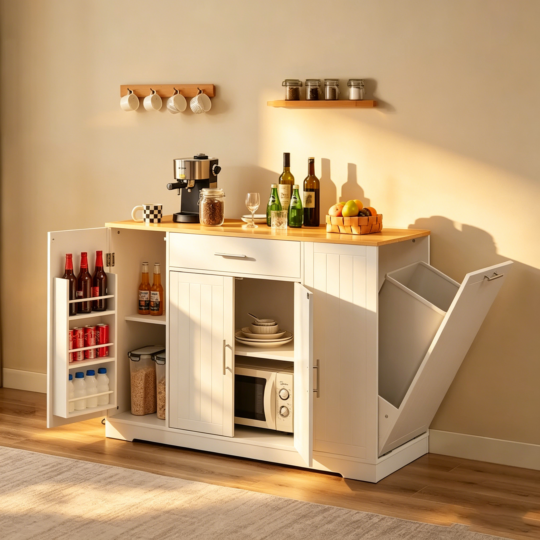 Grand îlot de cuisine de 53 pouces avec armoire de rangement pour poubelle (tabouret non inclus)