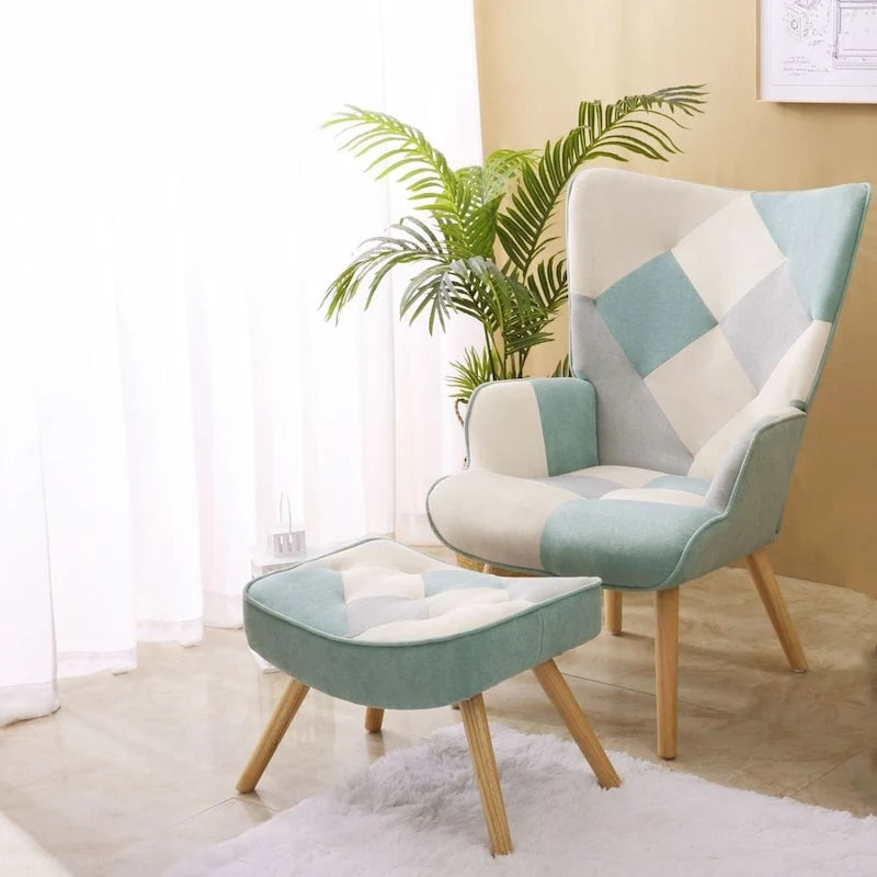 Fauteuil de salon avec repose-pieds — Ensemble de sièges de salon avec pouf, Fauteuil de chambre confortable, avec un revêtement en tissu patchwork créatif