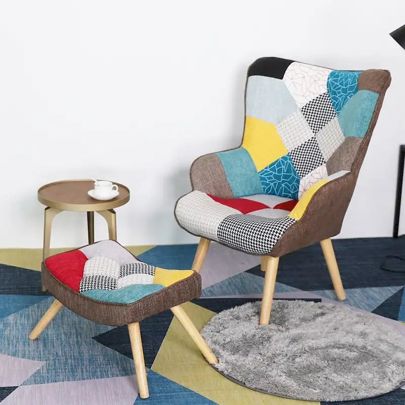 Fauteuil de salon avec repose-pieds — Ensemble de sièges de salon avec pouf, Fauteuil de chambre confortable, avec un revêtement en tissu patchwork créatif