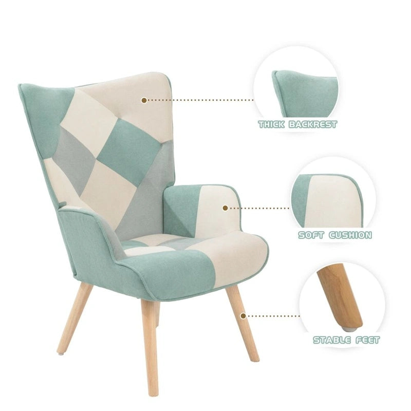 Fauteuil de salon avec repose-pieds — Ensemble de sièges de salon avec pouf, Fauteuil de chambre confortable, avec un revêtement en tissu patchwork créatif