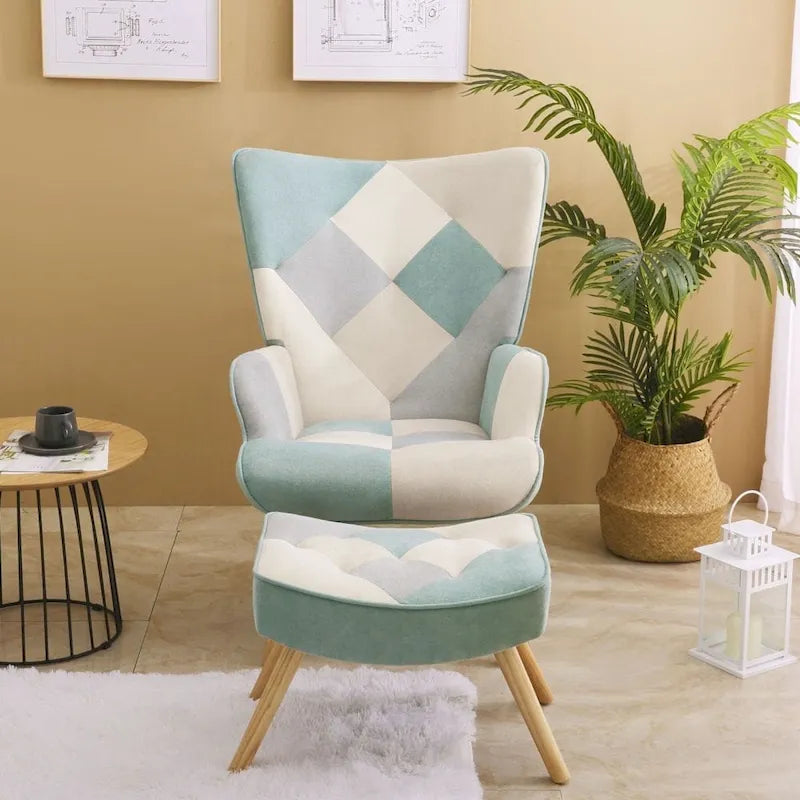 Fauteuil de salon avec repose-pieds — Ensemble de sièges de salon avec pouf, Fauteuil de chambre confortable, avec un revêtement en tissu patchwork créatif