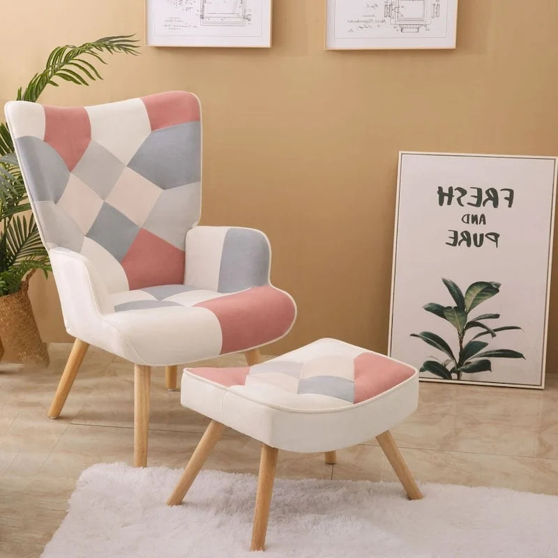 Fauteuil de salon avec repose-pieds — Ensemble de sièges de salon avec pouf, Fauteuil de chambre confortable, avec un revêtement en tissu patchwork créatif