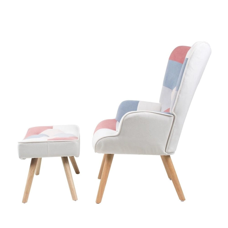 Fauteuil de salon avec repose-pieds — Ensemble de sièges de salon avec pouf, Fauteuil de chambre confortable, avec un revêtement en tissu patchwork créatif