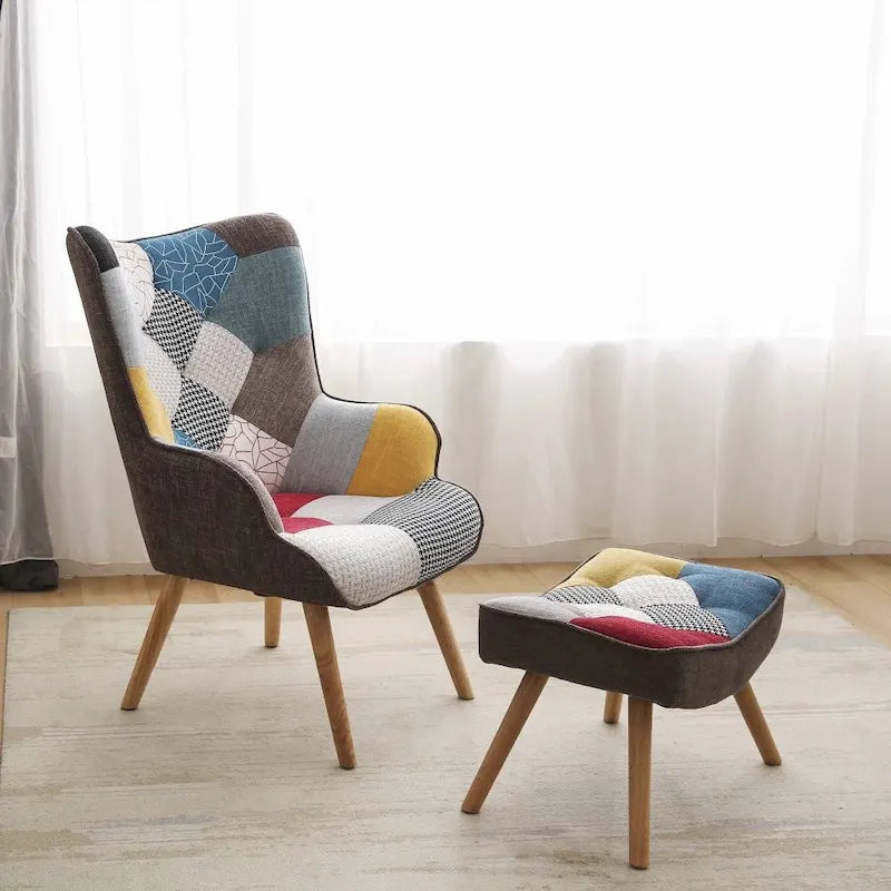 Fauteuil de salon avec repose-pieds — Ensemble de sièges de salon avec pouf, Fauteuil de chambre confortable, avec un revêtement en tissu patchwork créatif