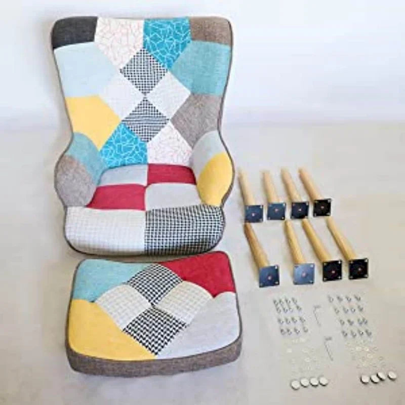 Fauteuil de salon avec repose-pieds — Ensemble de sièges de salon avec pouf, Fauteuil de chambre confortable, avec un revêtement en tissu patchwork créatif