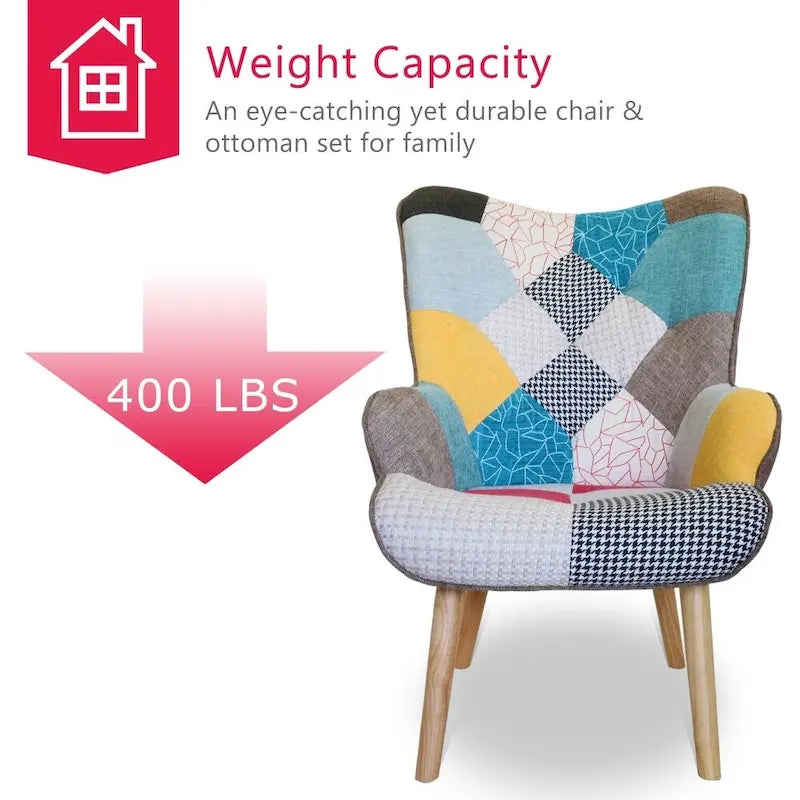 Fauteuil de salon avec repose-pieds — Ensemble de sièges de salon avec pouf, Fauteuil de chambre confortable, avec un revêtement en tissu patchwork créatif