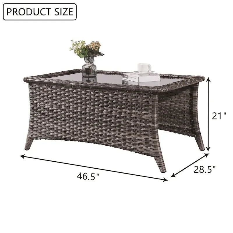 Table basse en osier d'extérieur, table d'appoint à plateau en verre