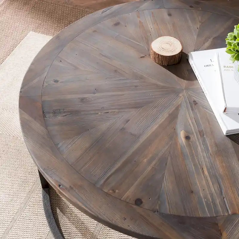 Table basse ronde de style ferme rustique moderne fabriquée à partir de bois recyclé