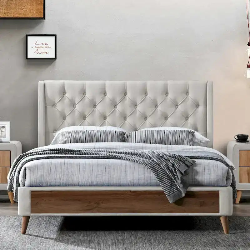 Beige Fabric Button-Tufted Bed