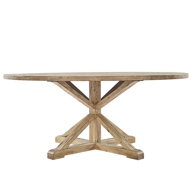 Distressed Rustic-Style Round Dining Set with X-Base Table — Double X-Back Chair Design