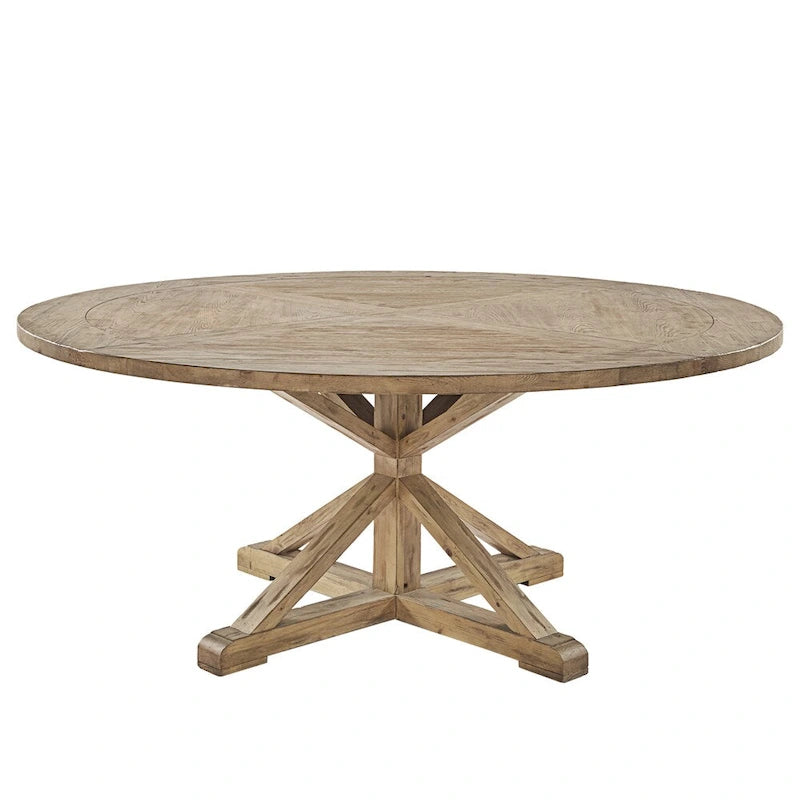 Distressed Rustic-Style Round Dining Set with X-Base Table — Double X-Back Chair Design