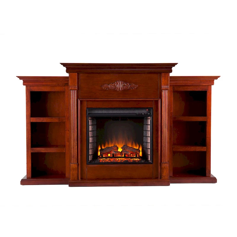 70-Inch Mahogany Electric Fireplace with Bookshelves