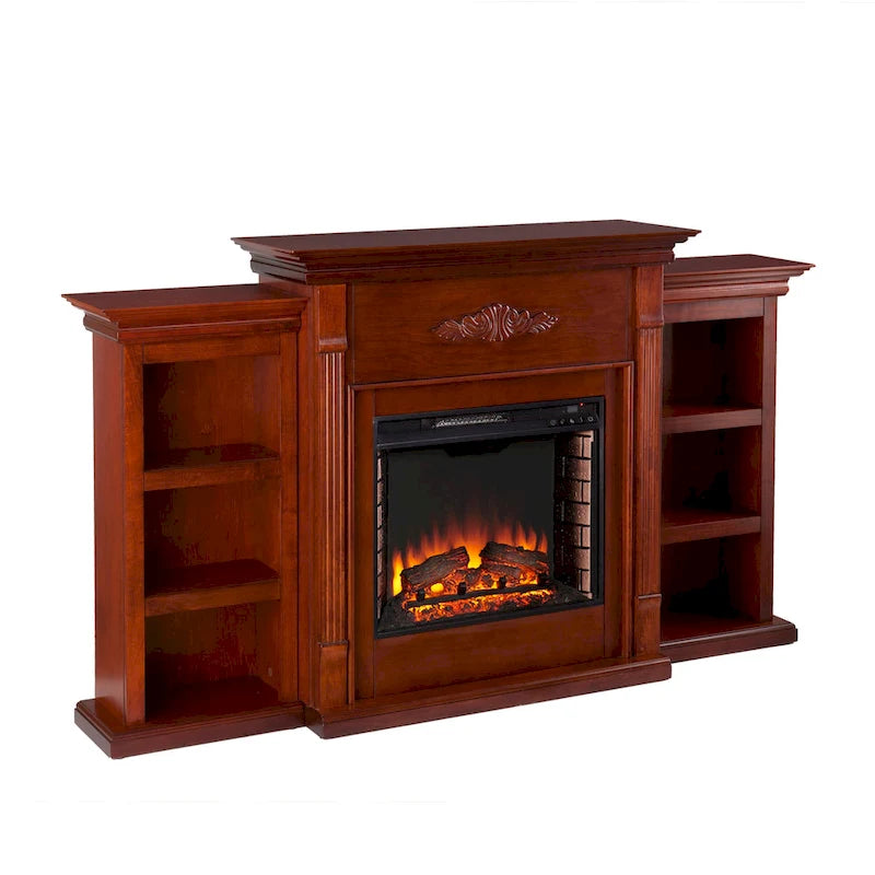 70-Inch Mahogany Electric Fireplace with Bookshelves