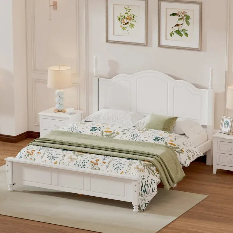 Retro-Style Wooden Platform Bed Frame (Includes Headboard and Wooden Slat Support)
