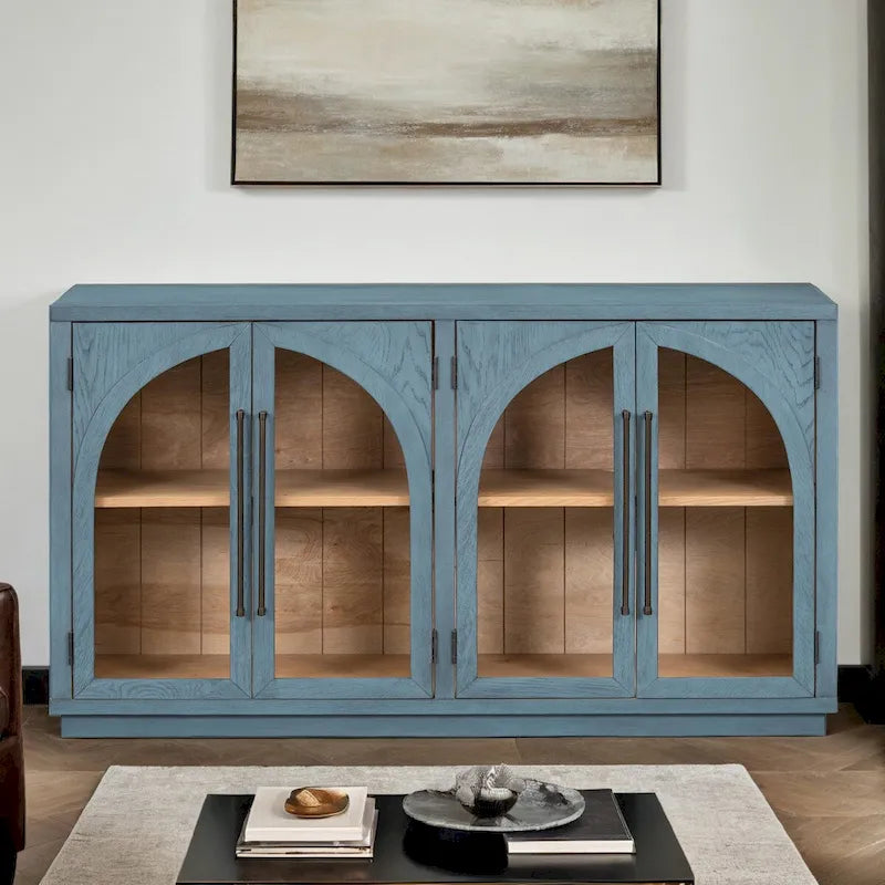 Buffet rétro 4 portes avec grand rangement, poignées en métal et étagères réglables pour cuisine, salle à manger et salon