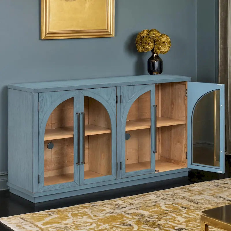 Buffet rétro 4 portes avec grand rangement, poignées en métal et étagères réglables pour cuisine, salle à manger et salon