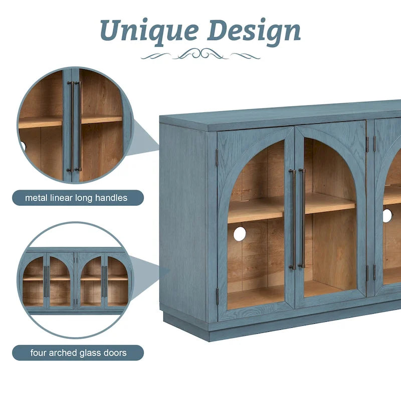 Buffet rétro 4 portes avec grand rangement, poignées en métal et étagères réglables pour cuisine, salle à manger et salon