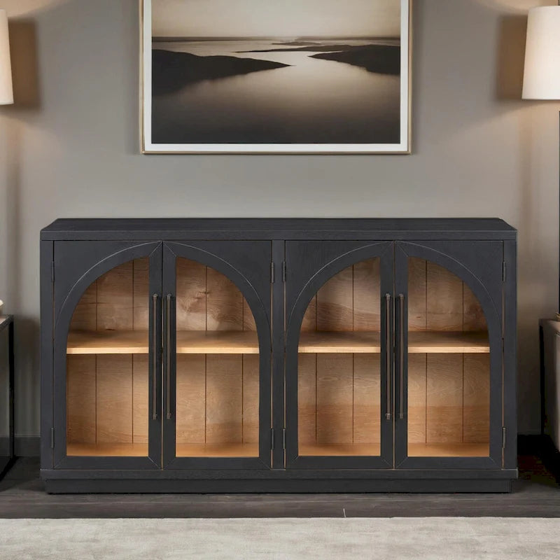 Buffet rétro 4 portes avec grand rangement, poignées en métal et étagères réglables pour cuisine, salle à manger et salon