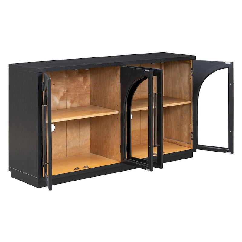 Buffet rétro 4 portes avec grand rangement, poignées en métal et étagères réglables pour cuisine, salle à manger et salon