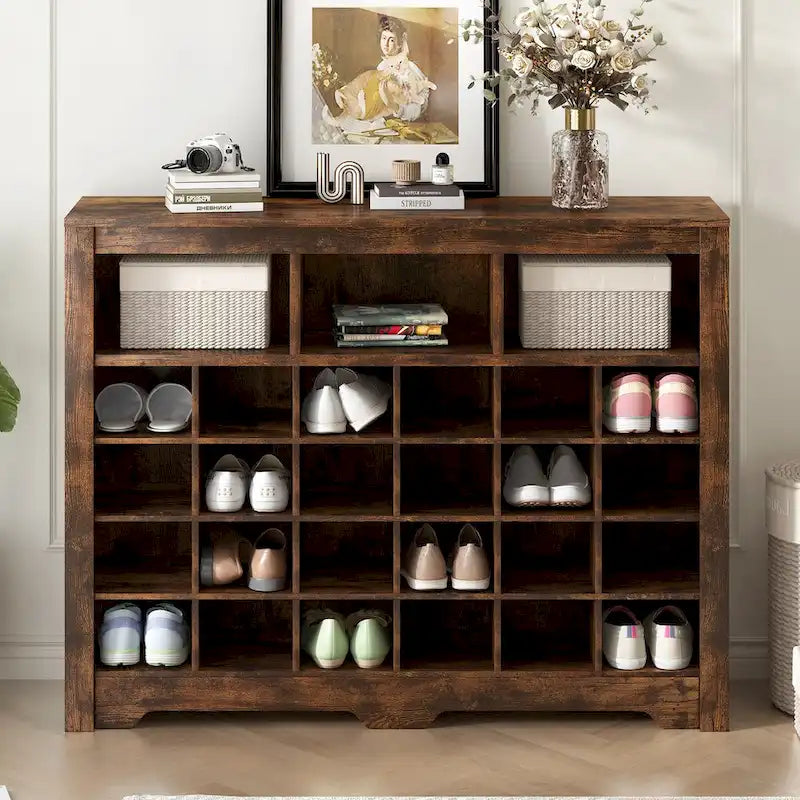 Console à chaussures 24 casiers, meuble à chaussures avec base incurvée, buffet polyvalent de haute qualité pour entrée, chambre, salon